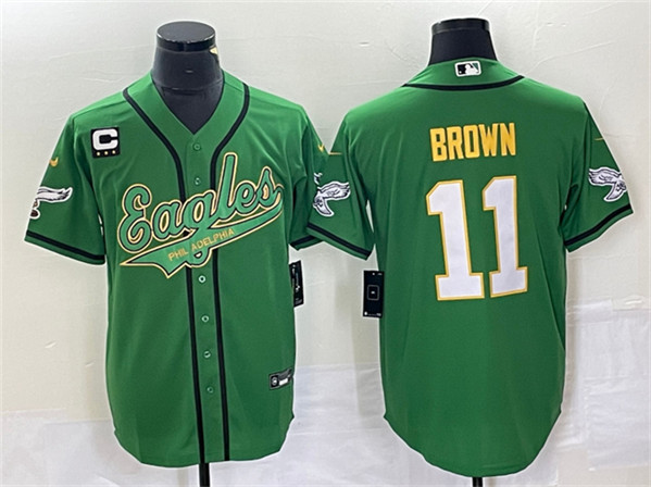 Men's Philadelphia Eagles #11 A. J. Brown Green Gold With C Patch Cool Base Baseball Stitched Jersey